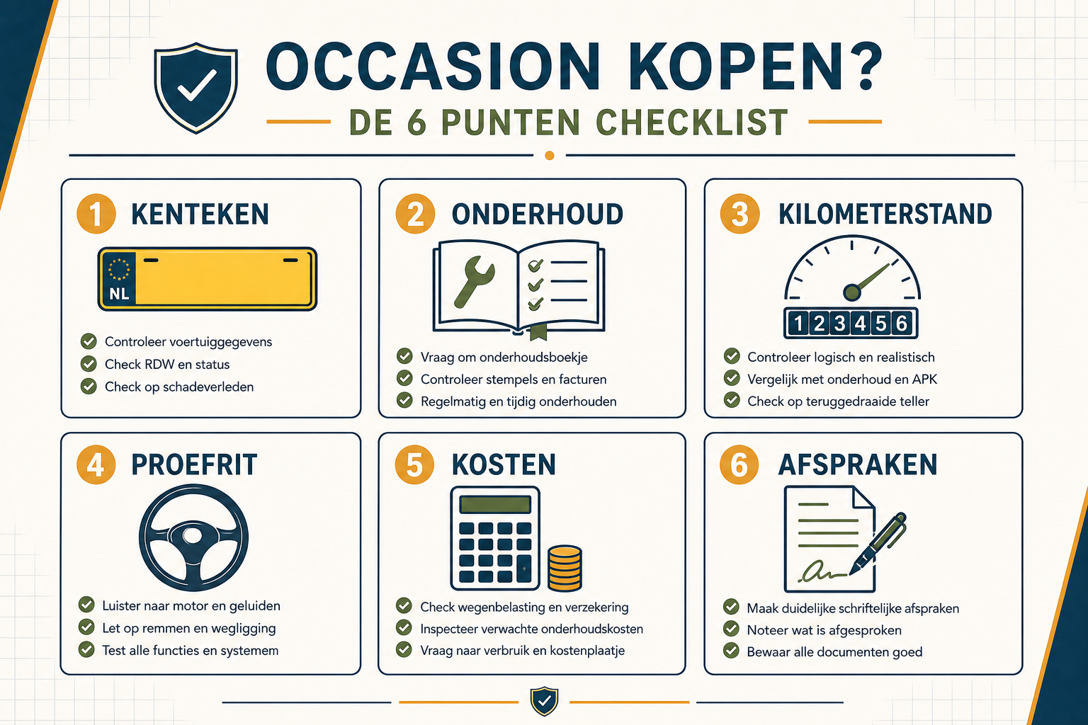 Checklist voor kenteken, onderhoud, kilometerstand, proefrit, kosten en afspraken