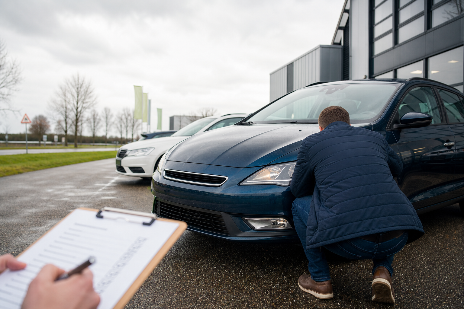 Een occasion wordt gecontroleerd op een Nederlands autobedrijf