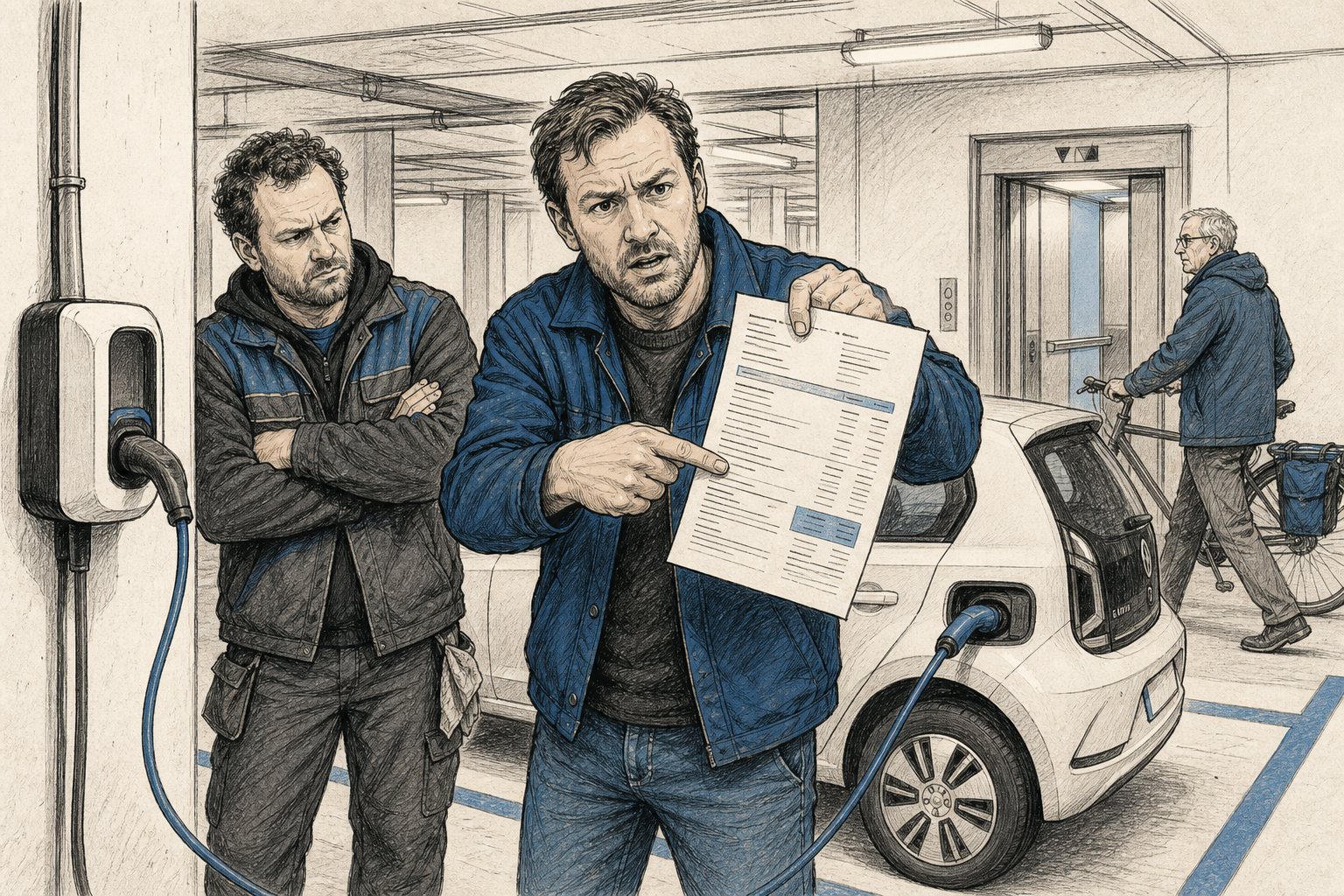 Illustratie van bewoners bij een laadpaal in een parkeergarage van een appartementencomplex, met een factuur in de hand