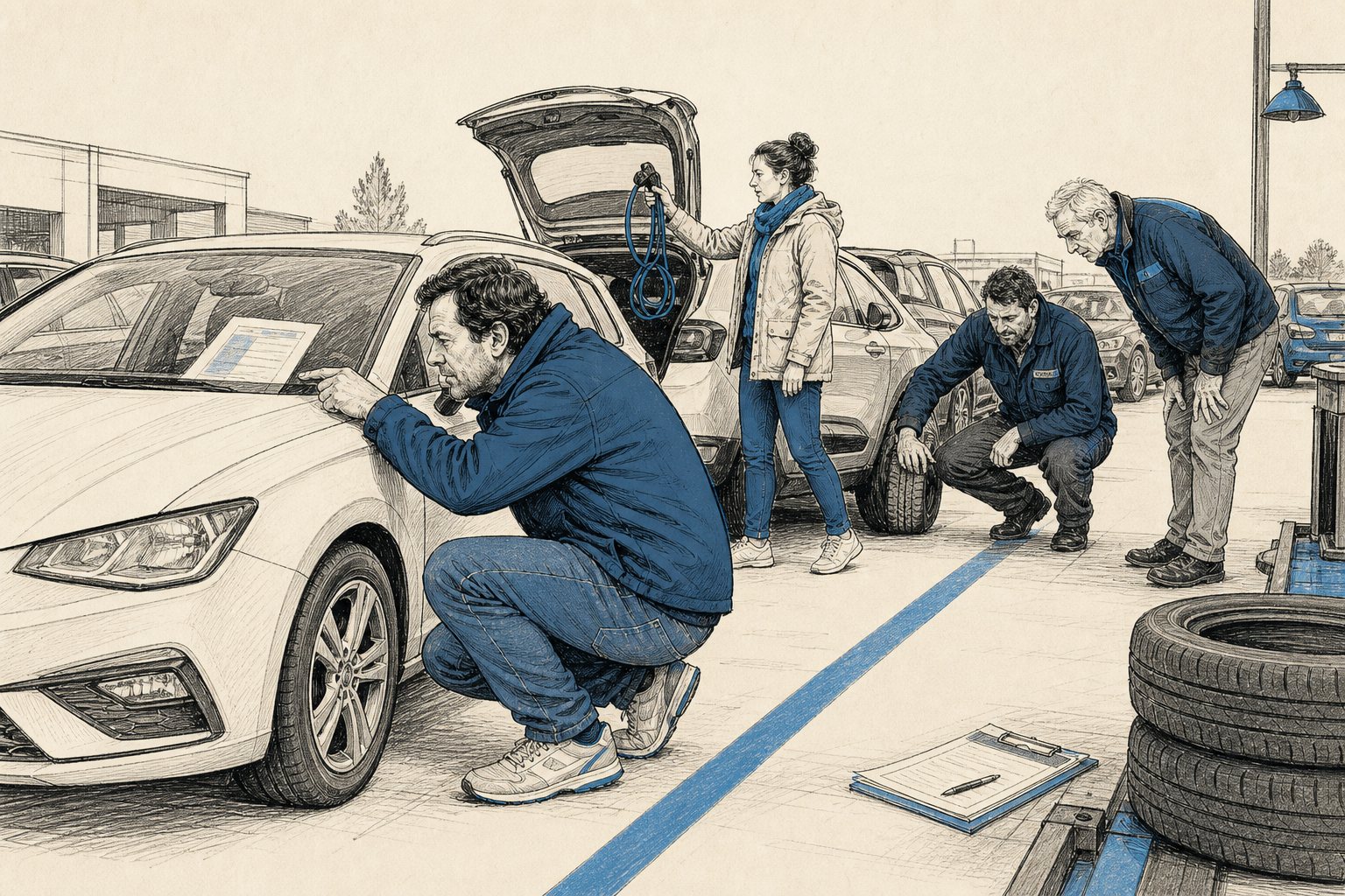 Illustratie: stel loopt langs een rij occasions op een verkoopplein, een van hen leest de prijskaart achter de ruit terwijl de ander een laadkabel uit de kofferbak tilt