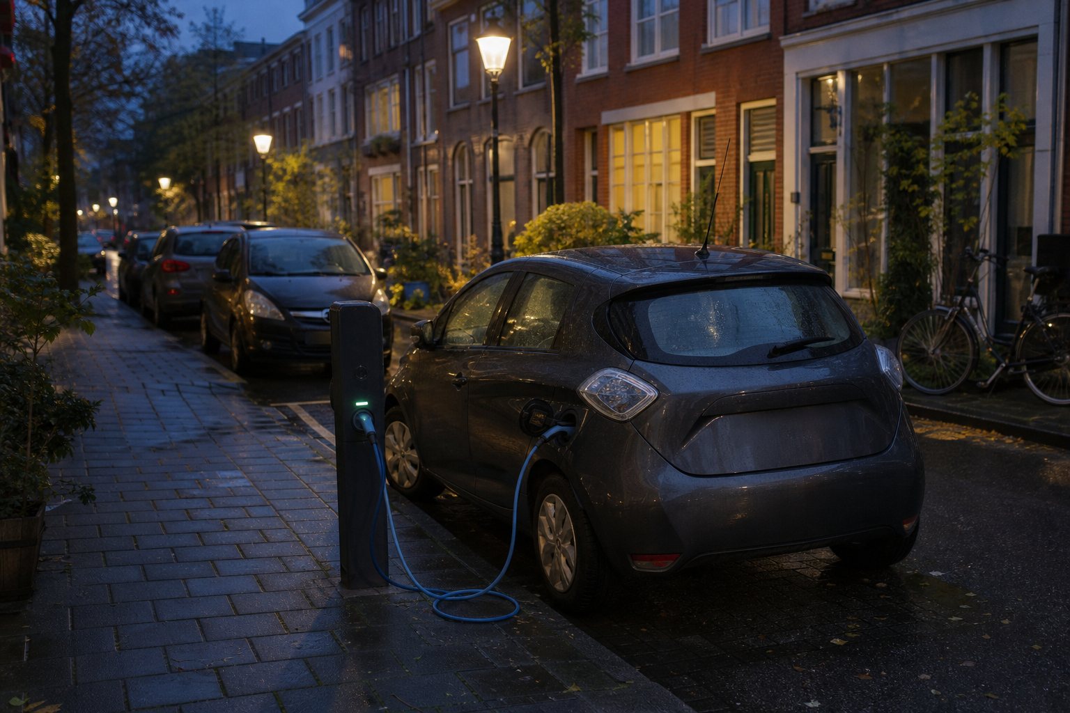 Elektrische auto aan een openbare laadpaal in een natte woonstraat