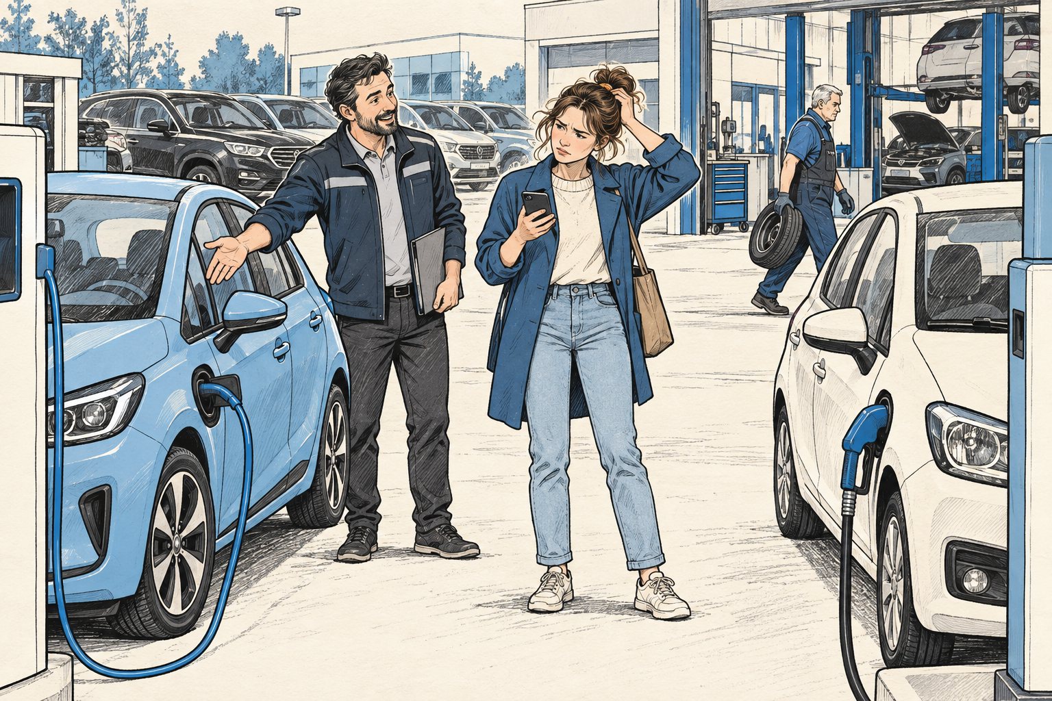 Illustratie van een vrouw met rekenmachine tussen een kleine elektrische auto en een kleine benzineauto bij een autobedrijf