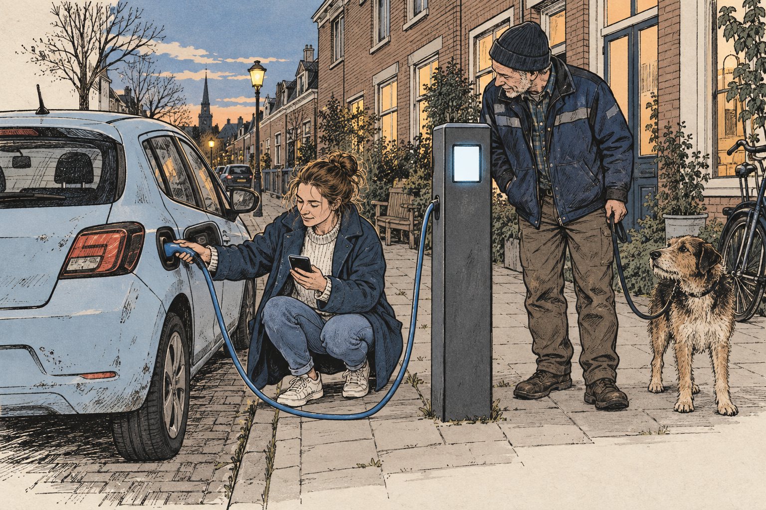 Illustratie van een vrouw die haar tweedehands elektrische auto aan een laadpaal met prijsscherm aansluit terwijl een buurman meekijkt