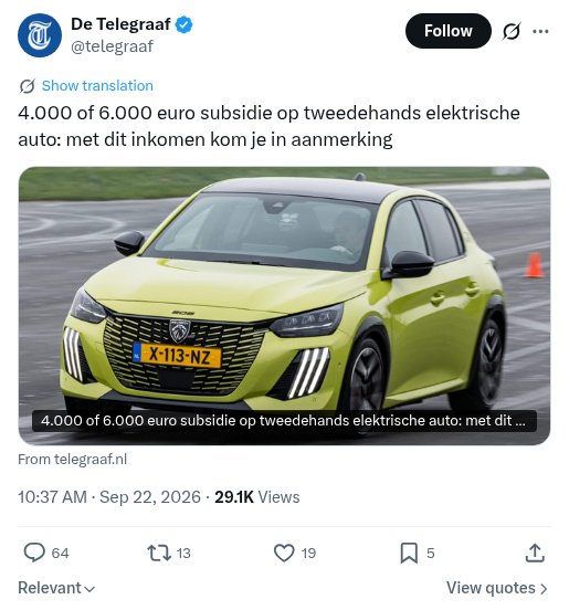X-post van De Telegraaf over 4.000 of 6.000 euro subsidie op een tweedehands elektrische auto