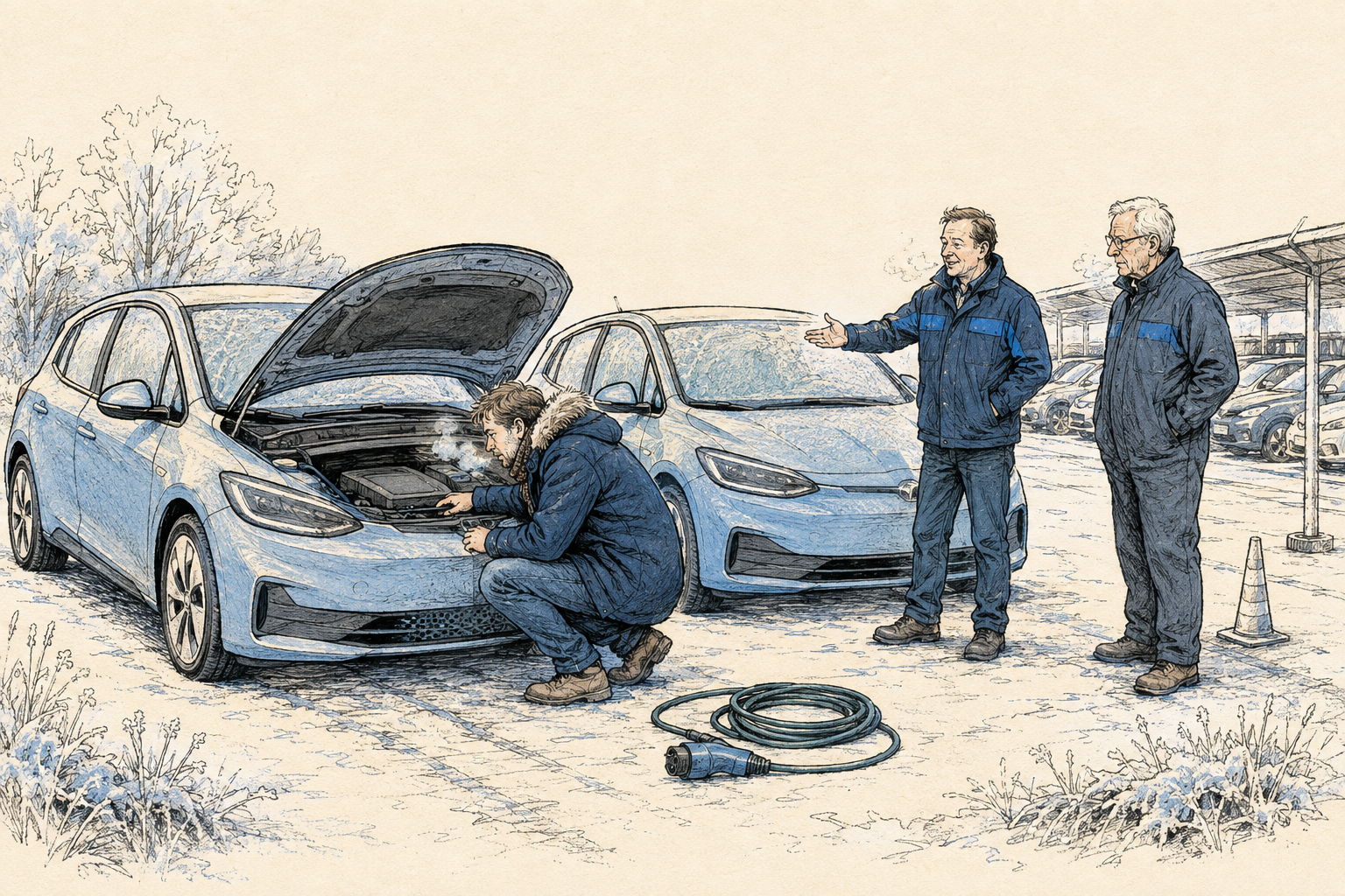 Koper bekijkt in de vrieskou de motorruimte van een tweedehands elektrische auto, terwijl twee verkopers bij een tweede identieke auto staan