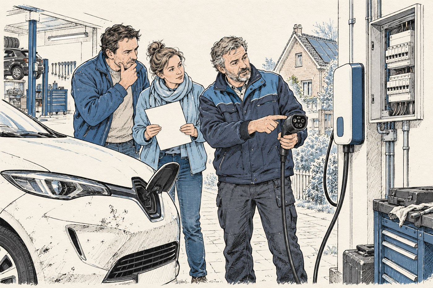 Illustratie van bewoners en een monteur die auto en thuislader controleren
