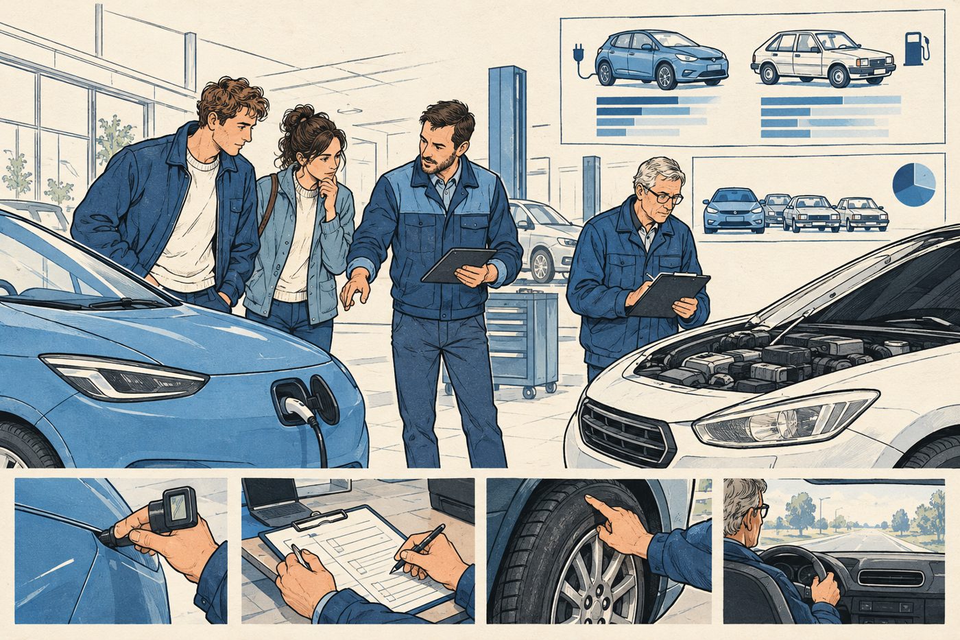 Illustratie van autokopers die een elektrische auto en een benzineauto vergelijken