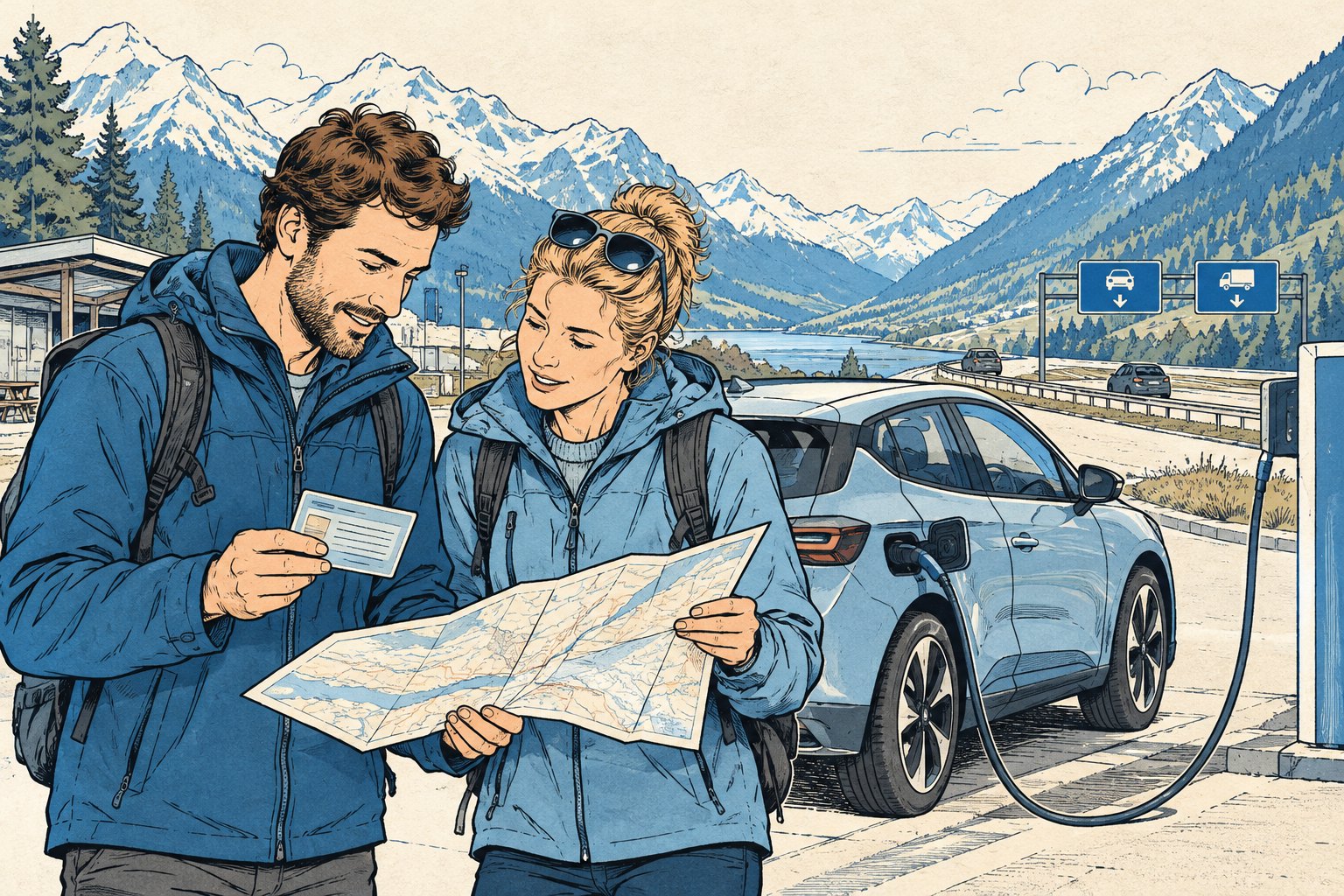 Reizigers controleren hun autopapieren bij een elektrische auto in een Tiroler bergdal