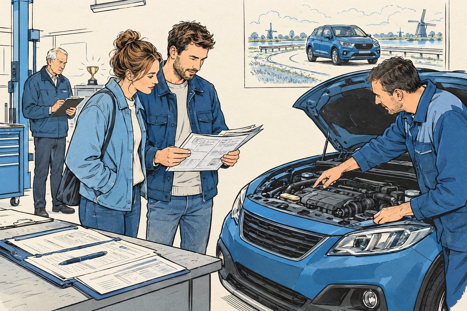 Illustratie: occasionkopers vergelijken papieren terwijl een monteur een auto controleert