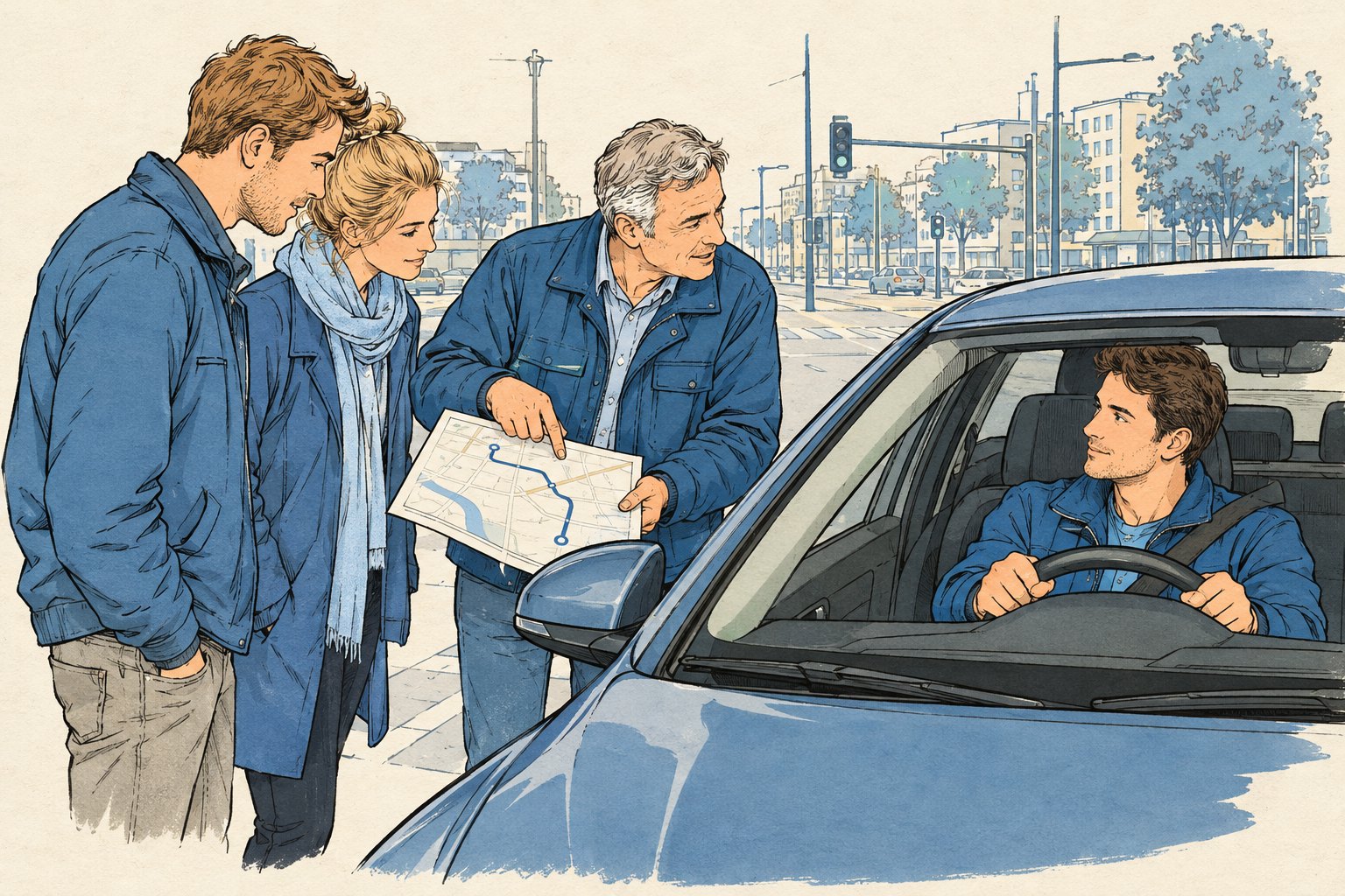 Illustratie van een bestuurder en kopers die rijassistentie bespreken bij een auto