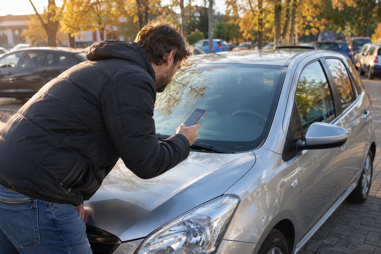 Koper controleert met telefoon de bouwjaargegevens van een te koop staande hatchback bij een proefrit