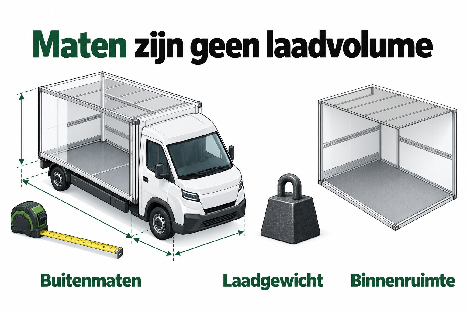 Schematische illustratie van buitenmaten, laadgewicht en binnenruimte; geen afbeelding van de Picnic bezorgauto