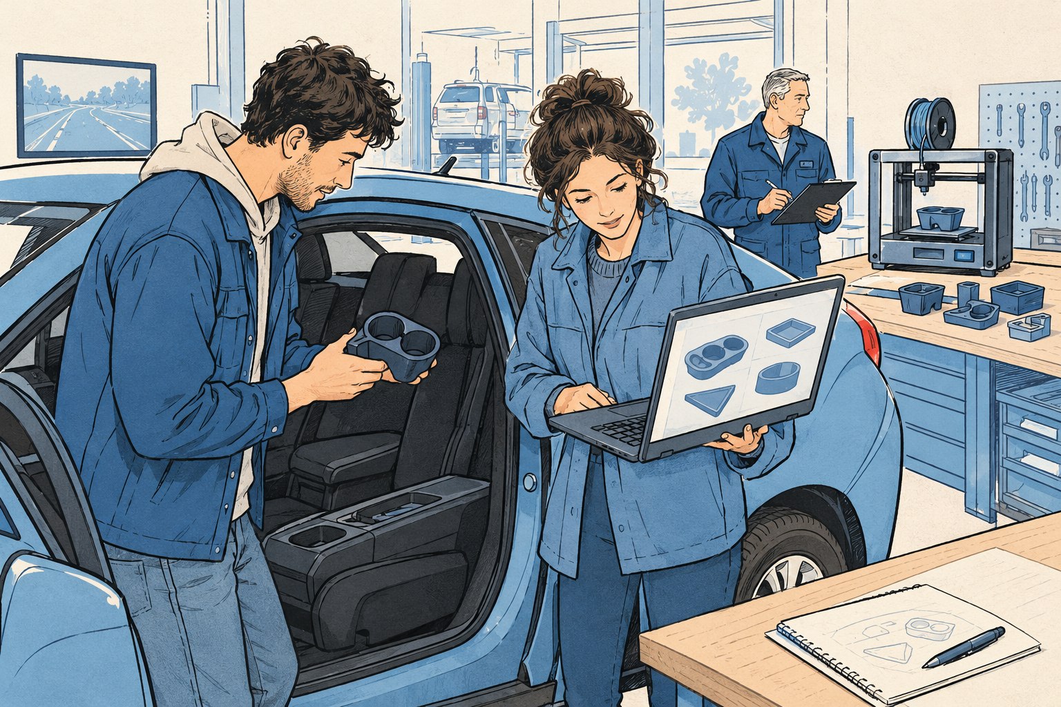 Illustratie van autobezitters die een geprinte bekerhouder vergelijken met de middenconsole