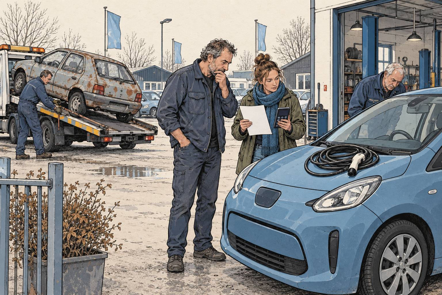 Vader en dochter bekijken een tweedehands elektrische auto terwijl hun oude benzineauto naar de sloop gaat