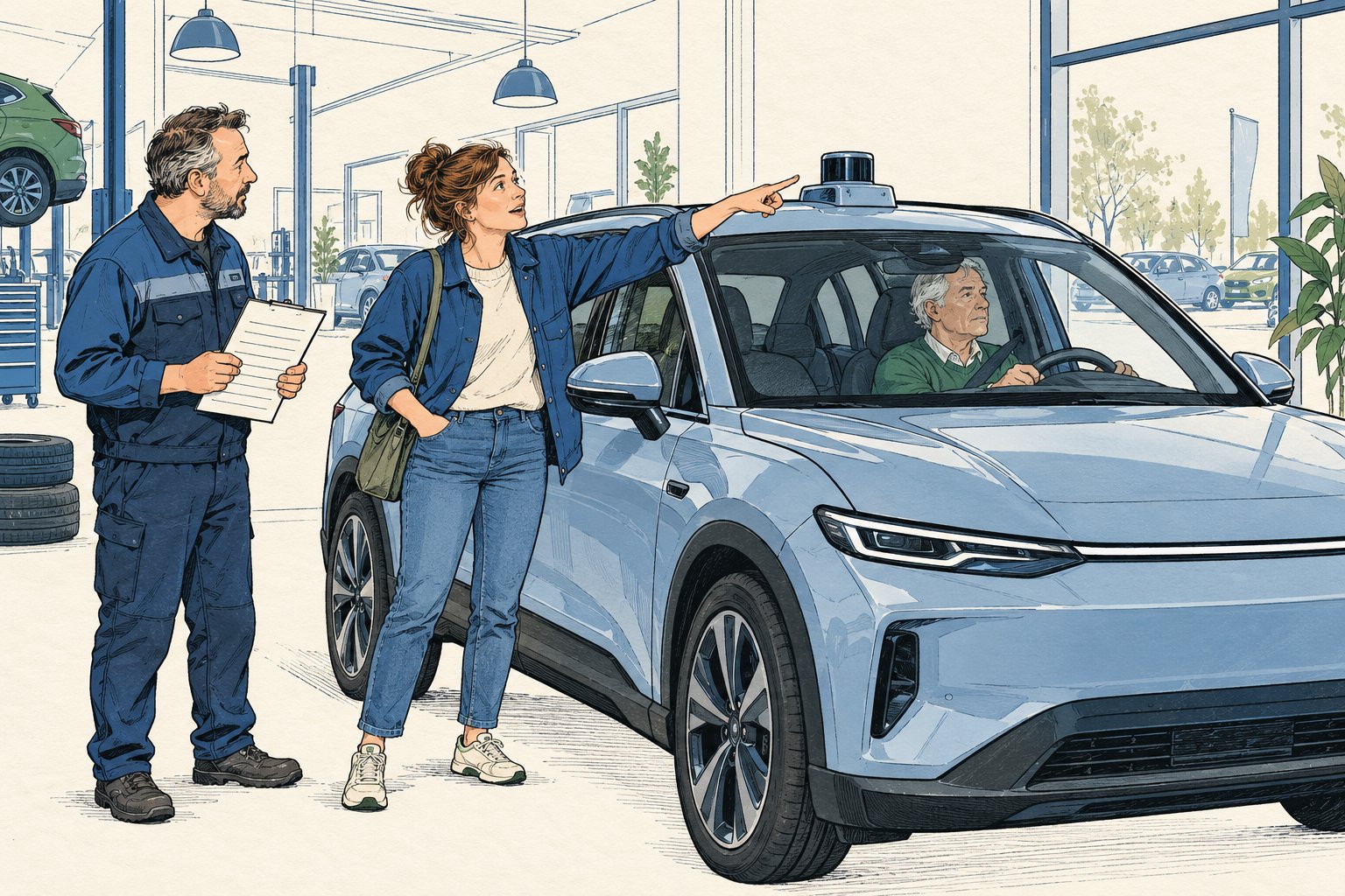 Occasionkoper en monteur controleren de daksensor en uitrusting van een elektrische auto